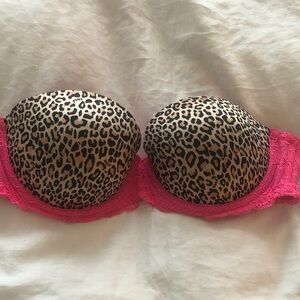 PINK Victoria's Secret Leopard and Pink Lace Strapless Push Up Bra 32C New